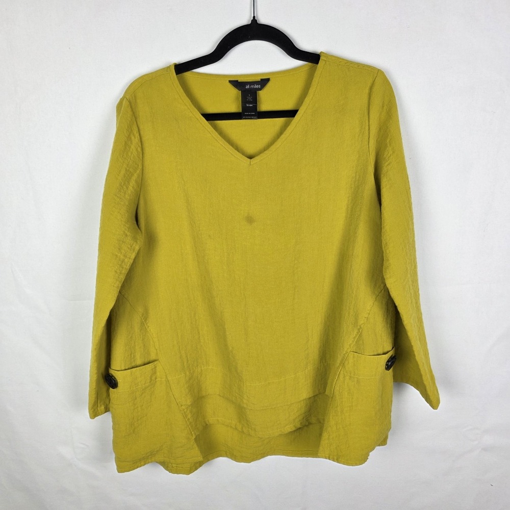 Ali Miles Chartreuse Yellow V-Neck Tunic Top Button Pocket Textured Blouse Small